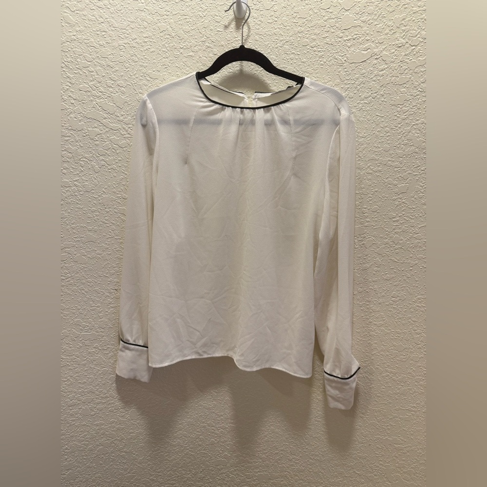 European Women’s White Long-Sleeve Blouse with Black Trim